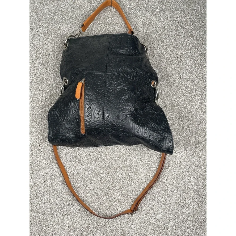 Made In Italy Genuine Leather Black Embossed Floral Hobo Shoulder Bag Purse